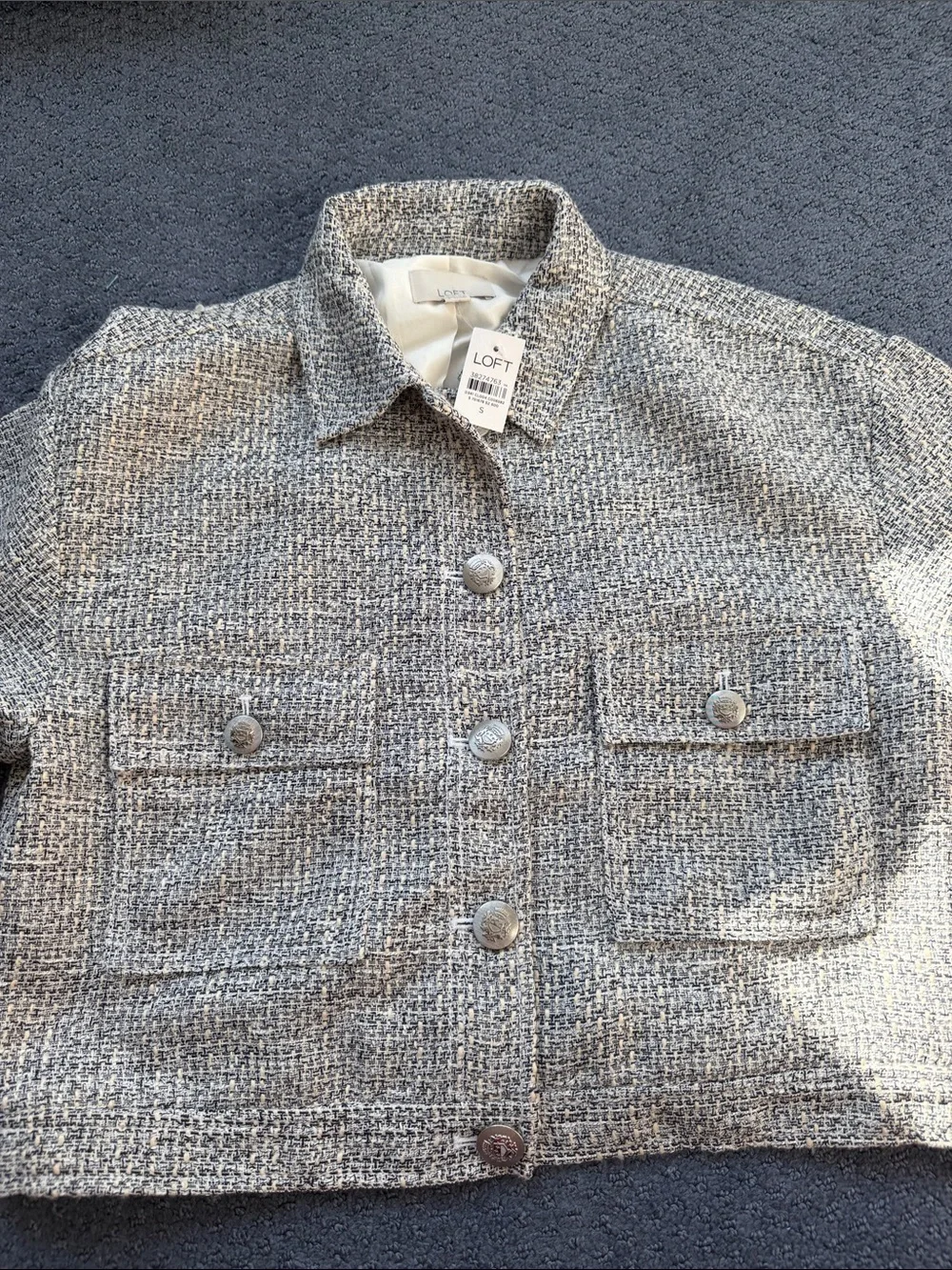 LOFT Gray Tweed Cropped Button-Front Jacket